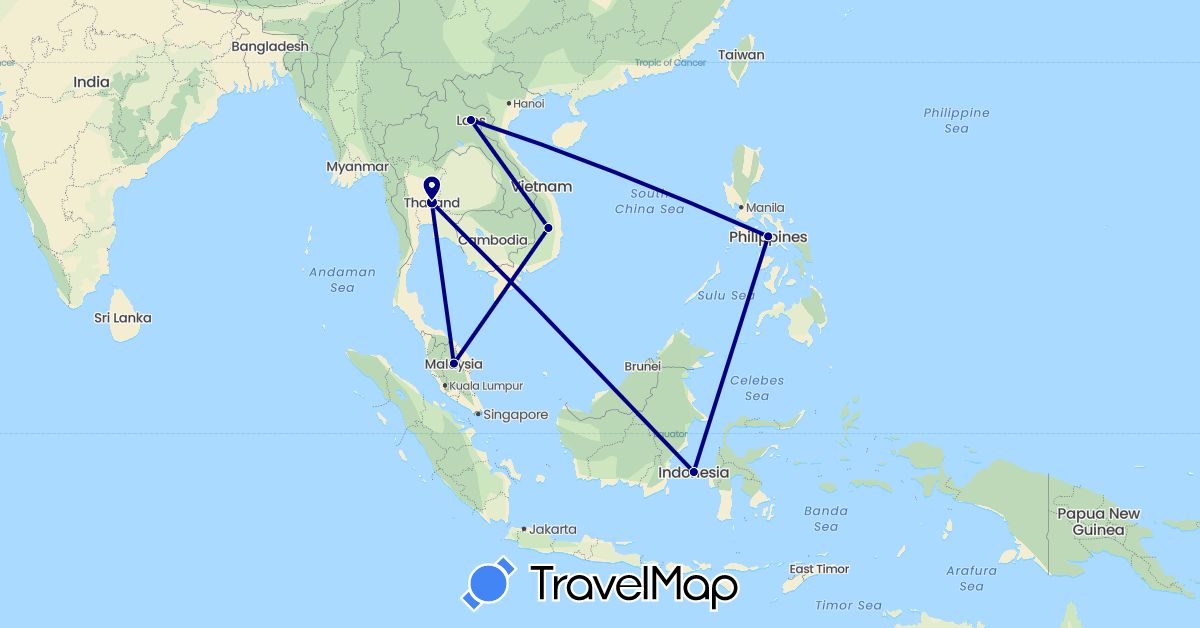 TravelMap itinerary: driving in Indonesia, Laos, Malaysia, Philippines, Thailand, Vietnam (Asia)